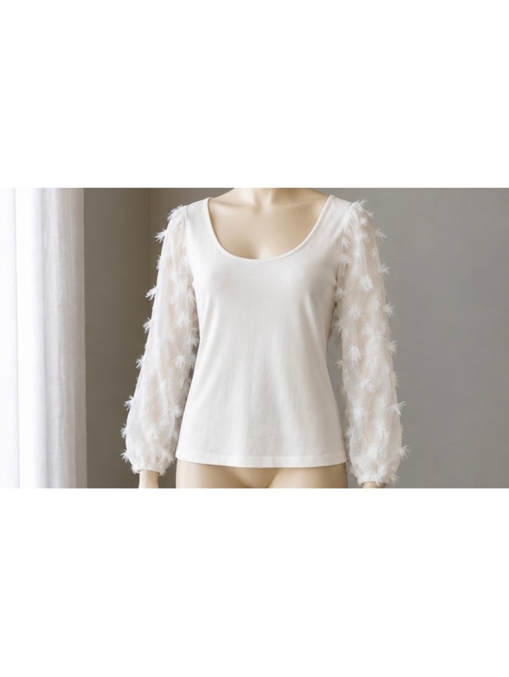 Willow & Root Womenās L White Statement Top Sheer Textured Puff Balloon Sleeves